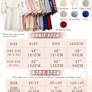 May include: A selection of satin robes in colours like white, pink, and navy, displayed on a rail. The image includes a size chart for adults and children, with measurements in inches and centimetres.