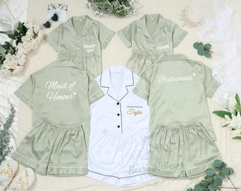 Matching Satin Pajamas Set, Personalized Bridal and Flower Girl Pajamas, Custom Wedding Morning Pajamas