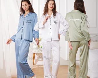 Langarm-Satin-Brautpyjama-Set, personalisierte Brautjungfer PJs, immer bereit-Outfit, Herbsthochzeits-Geschenkidee
