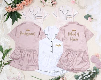 Personalized Short Sleeve Pajamas, Custom Bridal Party Pyjamas, Matching Bridesmaid and Flower Girl PJs