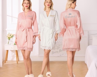 Spersonalizowany koronkowy szlafrok ślubny, pasujący szlafrok dla druhny i dziewczynki sypiącej kwiaty, strój na przygotowania dla druhen
