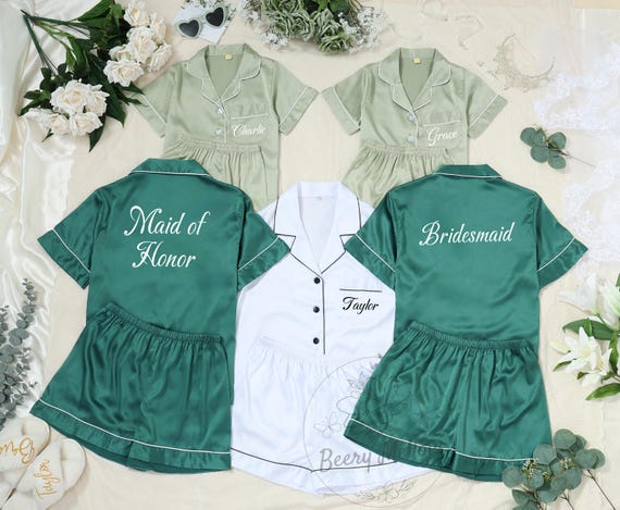 Bride Satin Pajama Set, Personalized Getting Ready Outfit, Custom Name PJs for Wedding Morning, Bridal Pajamas for Honeymoon