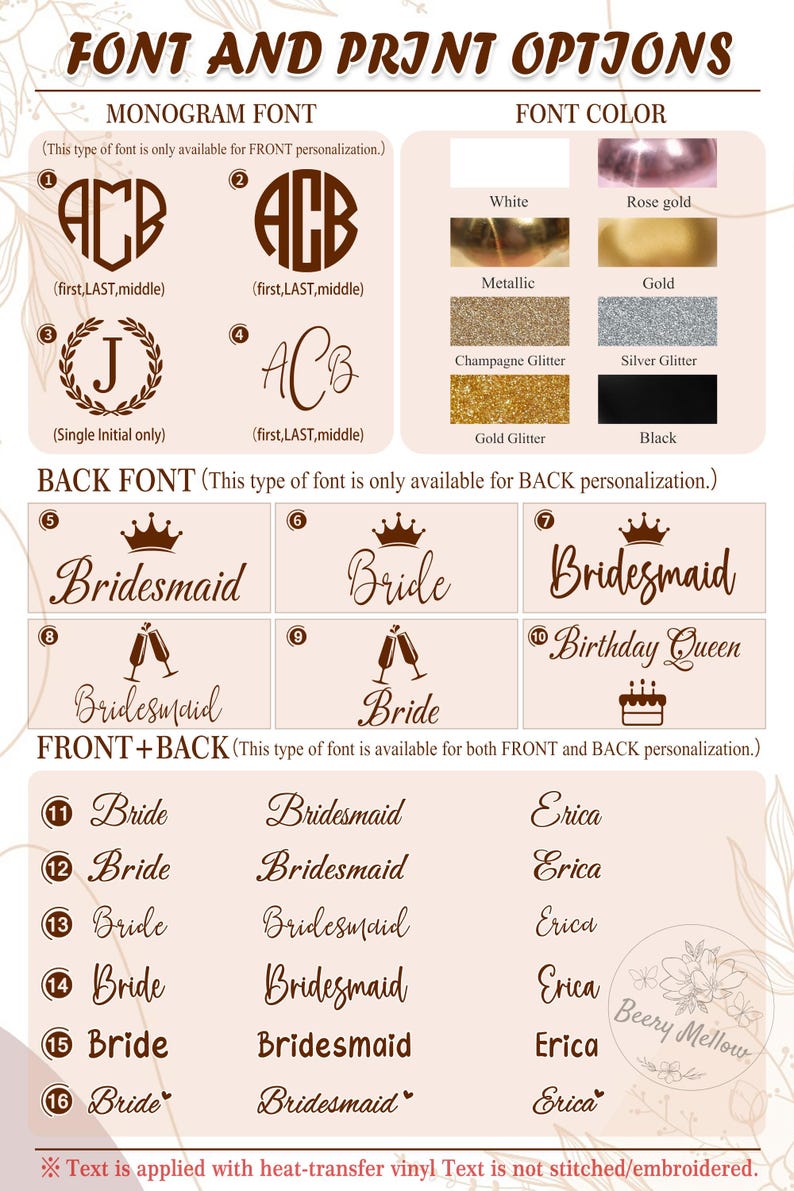 May include: Image showcasing font and print options for personalization. Includes monogram fonts, font colors like white, gold, and black, and back font options such as "Bridesmaid" and "Bride". Also shows front and back font options.