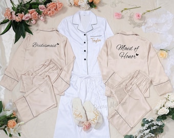 Long Sleeve Satin Bridal Pajamas Set, Personalized Bridesmaid PJs, Getting Ready Outfit, Fall Wedding Gift Idea