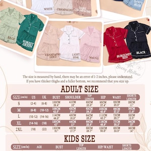 May include: Color and size chart for pajama sets. The image displays various pajama sets in colors like white, navy, and burgundy. Size charts for adults and kids are included, with measurements in inches and centimeters.