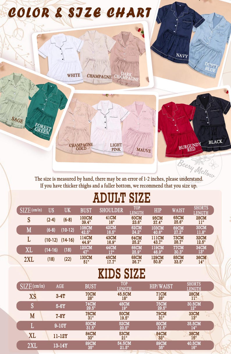 May include: Color and size chart for pajama sets. The image displays various pajama sets in colors like white, navy, and burgundy. Size charts for adults and kids are included, with measurements in inches and centimeters.