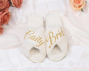 Personalized Fluffy Bridal Slippers, Custom Bridesmaid Gifts
