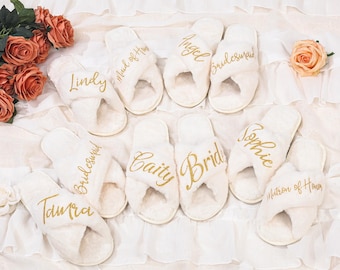 Personalized Fluffy Bridal Slippers, Bridesmaid Party Gifts