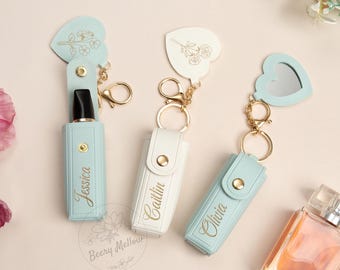 Sleutelhanger lippenbalsem met spiegel, gepersonaliseerd mini-make-uptasje, tasje aangepaste naam lippenstift, klein cadeau voor vrouwen