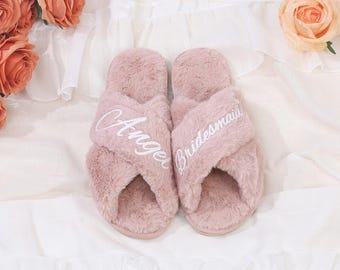 Personalized Fluffy Bridal Party Slippers, Custom Bridesmaid Gift