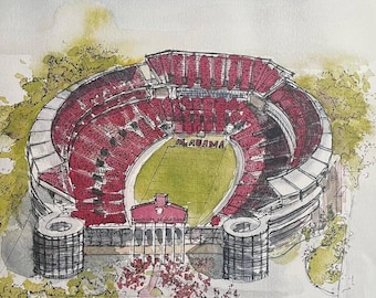 Lámina en acuarela del estadio Bryant-Denny: Arte mural de los Alabama Crimson Tide