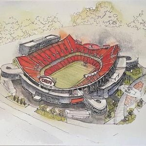 Kansas City Chiefs Stadium Watercolor Print – Ink & Watercolor Sketch of Football Stadium, Gift for Game Day, Home Decor, Collector&#39;s Item