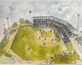 Impresión en acuarela de Haymarket Park: Arte de béisbol de Lincoln Saltdogs y Huskers
