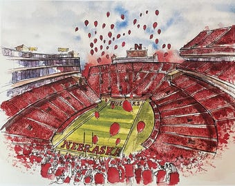 Lámina de acuarela del estadio de Nebraska, arte de fútbol americano, ilustración de suelta de globos