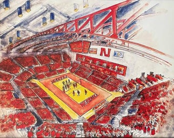Impresión de acuarela de voleibol de Nebraska: Decoración de pared de voleibol femenino