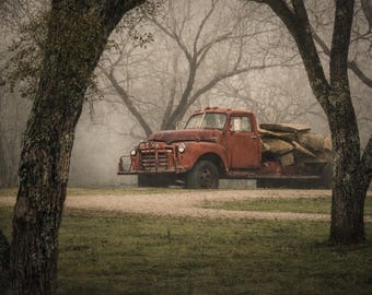 Vintage Red Truck in Fog – Rustic Farmhouse Wall Art, Moody Woodland Photography Print