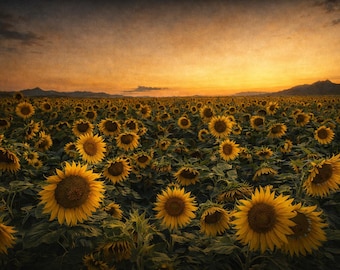Sunflower Field at Sunset – Golden Horizon Landscape Photography, Southwest Nature Wall Art