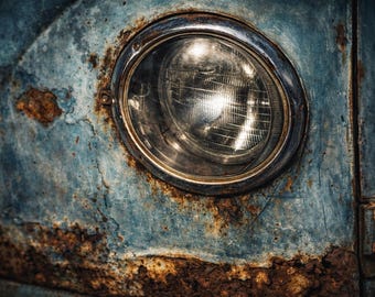 Rustic VW Bus Wall Art – Vintage Headlight Close‑Up, Blue Patina Automotive Print