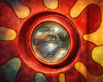Psychedelic VW Headlight Art Print – Retro Wall Art, Vibrant Colorful Fine Art Photography