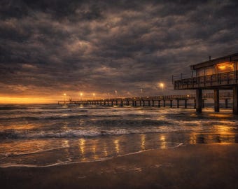Ocean Pier Wall Art, Sunrise Seascape Photography, Coastal Decor, Beach Landscape Print