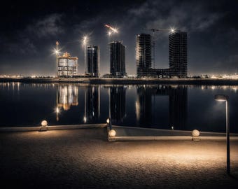 Tempe Town Lake Nightscape – Modern Apartment Towers Under Construction | Arizona City Lights Urban Wall Art