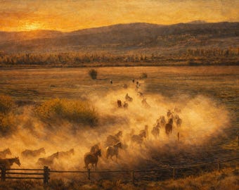 Wild Horse Wall Art – Western Sunset Photography – Rustic Wyoming Landscape Print