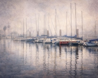 Foggy Waterfront Print | Marina Reflections Photography | Coastal Minimalist Wall Art
