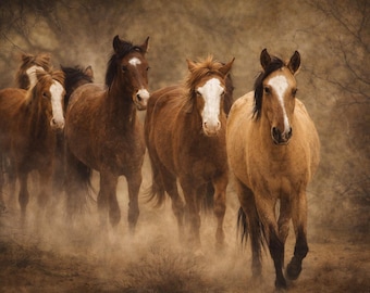 Wild Horse Wall Art – Running Horses Print, Desert Dust Photography, Southwestern Ranch Decor