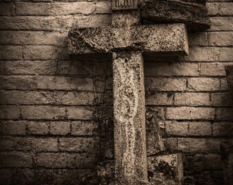Weathered Stone Cross – Rustic Religious Wall Art, Sepia Christian Photography Print