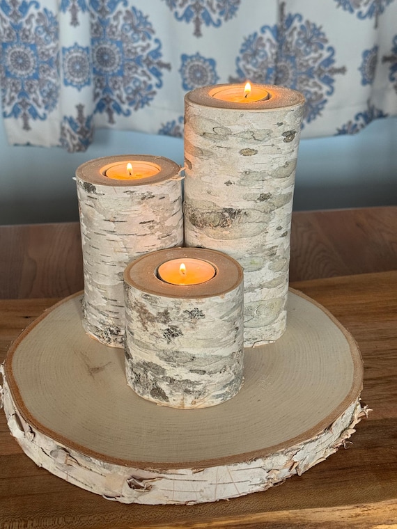 Birch candle kit with tealight candles, with or without optional base