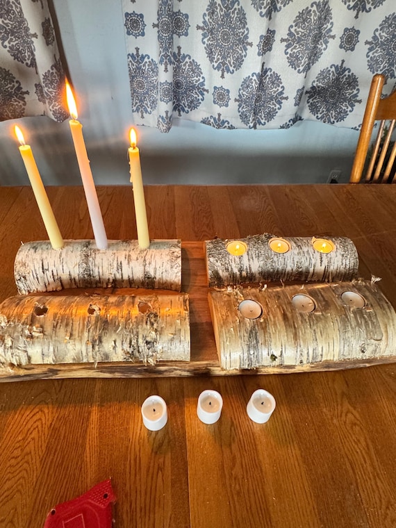 White & Yellow Birch Candle Logs – Rustic Wedding or Holiday Table Accents