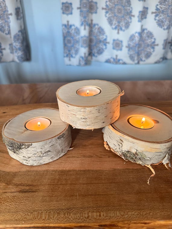 Small White Birch tea-light Candle Holder – 4" Rustic Wood Decor – Handmade in Maine
