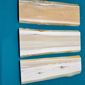 May include: Three rectangular wooden planks with natural edges. The wood grain is visible, with colors ranging from light tan to cream. The planks are arranged against a teal background, showcasing their natural wood tones.