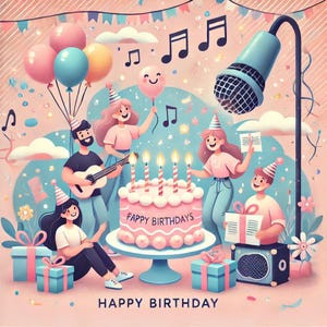May include: A pink and white birthday cake with lit candles, surrounded by friends singing and playing music. The cake is decorated with pink frosting and sprinkles and says "Happy Birthdays".