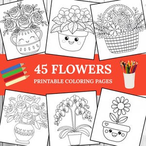 Flowers Coloring Book For Kids | 45 Printable Flower Pages | Digital Download PDF | A4 Size Coloring Book - Kids Activity Pages