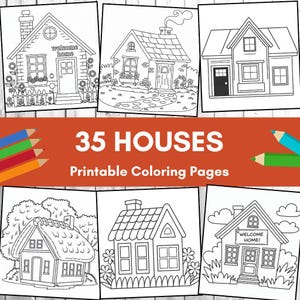 May include: Black and white line drawings of houses, arranged in a grid. The image includes the text "35 HOUSES Printable Coloring Pages". Some houses have details like chimneys, windows, and doors. Colored pencils are visible on the left and right sides.