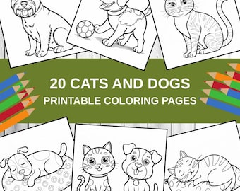 Libro para colorear de gatos y perros: 20 páginas imprimibles, actividad preescolar (descarga digital en PDF tamaño A4)