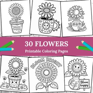 30 Cute Flower Coloring Pages for Kids - Digital Download | A4 Printable PDF | Fun Floral Coloring Book for Children | Preschool Activity