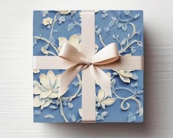 Wedgwood-Inspired Blue Floral Wrapping Paper: Neoclassical Gift Wrap