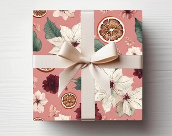 Poinsettia & Dried Orange Slices Vintage Style Wrapping Paper Holiday Gift Wrap Whimsical Christmas Gift Wrap Christmas Wrapping Paper