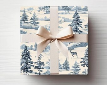 Blue Toile de Jouy Wrapping Paper: Vintage Winter Forest Gift Wrap