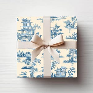 Blue Chinoiserie Toile de Jouy Wrapping Paper: Elegant Gift Wrap