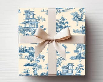 Blue Chinoiserie Toile de Jouy Wrapping Paper: Elegant Gift Wrap