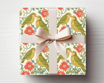 Papel de embrulho com periquitos e papoulas: papel de presente botânico vintage