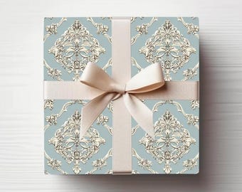 French Provincial Wrapping Paper: Blue & Cream Ornamental Design