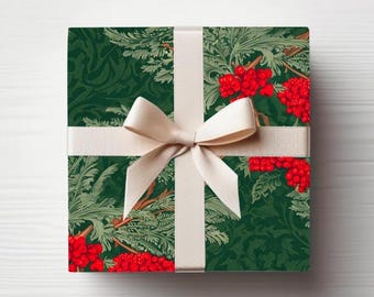 William Morris Inspired Christmas Wrapping Paper: Cedar & Red Berries Victorian Gift Wrap