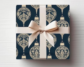 Navy Blue Ornate Ornaments Wrapping Paper Roll Vintage Style Gift Wrap Roll Holiday Gift Wrap Christmas Wrapping Paper