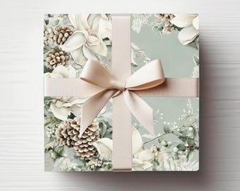 Christmas Magnolia Wrapping Paper, White Christmas, Winter Wedding, Holiday Gift Wrap, Elegant Christmas Wrapping Paper Rolls