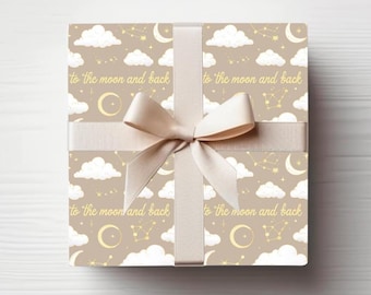Neutral "To the Moon and Back" Gift Wrap, Baby Shower Gift Wrap, Wrapping Paper Roll, Gift Wrap for Unisex Baby Shower
