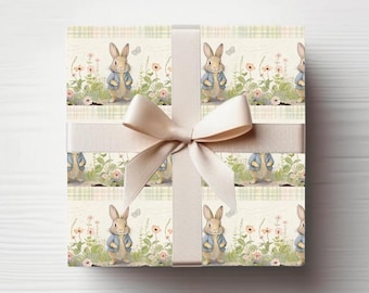 Vintage Rabbit Gift Wrap, Baby Shower Gift Wrap, Wrapping Paper Roll, Blue Gift Wrap for Baby Boy Shower, Easter Gift Wrap